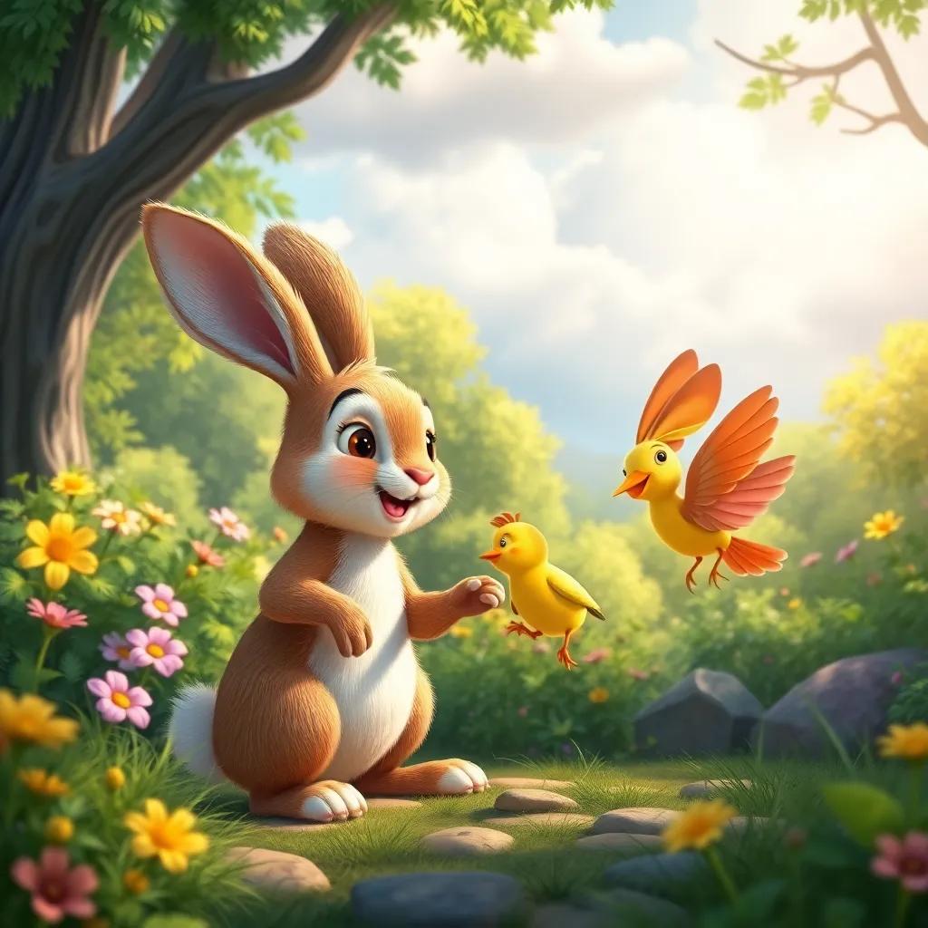 The rabbit and the little bird playing together every day in a vibrant forest, with a mix of sunny and cloudy skies, a joyous celebration of friendship, fun, and laughter, heartwarming