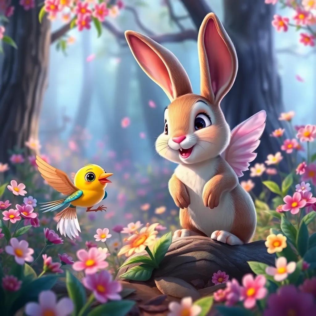 The rabbit and the little bird, now friends, happily exploring their magical forest, with colorful blossoms and delightful sight, showcasing friendship and adventure, vibrant colors