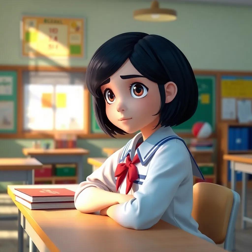 A young Arab girl, Luma, with short black hair wearing a school uniform, sitting alone at a desk, surrounded by books, looking contemplative, bright classroom setting, colorful, inviting, cheerful atmosphere, digital art, high quality