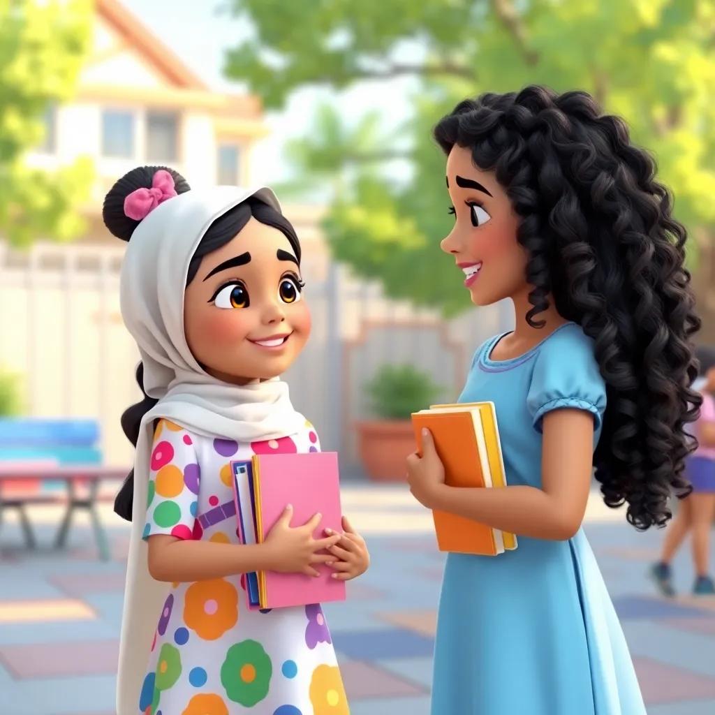 A young Arab girl, Sara, with long curly hair, wearing a colorful dress, smiling and trying to approach Luma, holding books in her hands, school playground background, vibrant colors, joyful interaction, digital illustration, friendly atmosphere