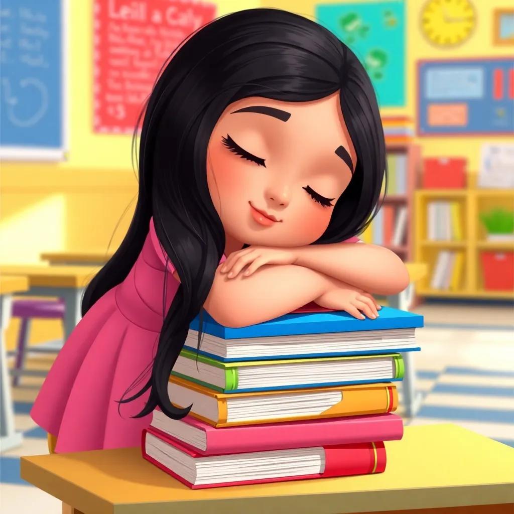 A girl named Leila, a young Middle Eastern girl with long black hair, wearing a pink dress, sleeping on her books in a colorful classroom, illustration, bright colors, cheerful atmosphere, high quality