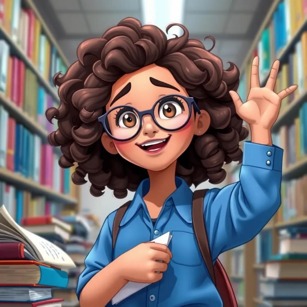 An enthusiastic girl named Zainab, a young Middle Eastern girl with curly brown hair, wearing glasses and a blue shirt, surrounded by books and notes in a library, illustration, vibrant colors, focused atmosphere, high quality