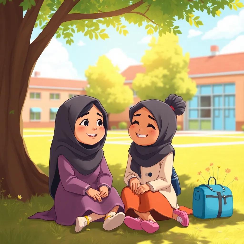 Leila and Zainab sitting in the school yard, with a bright sunny day, chatting happily under a tree, surrounded by laughter, illustration, warm colors, friendly atmosphere, high quality