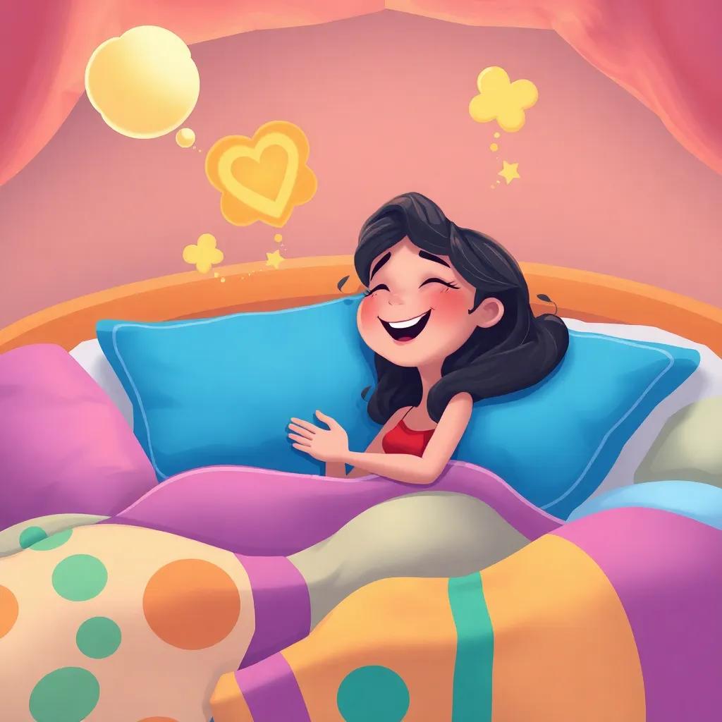 Leila joyfully dreaming in her bed filled with colorful pillows and blankets, thought bubbles of her dreams floating above her head, illustration, whimsical colors, dreamy atmosphere, high quality