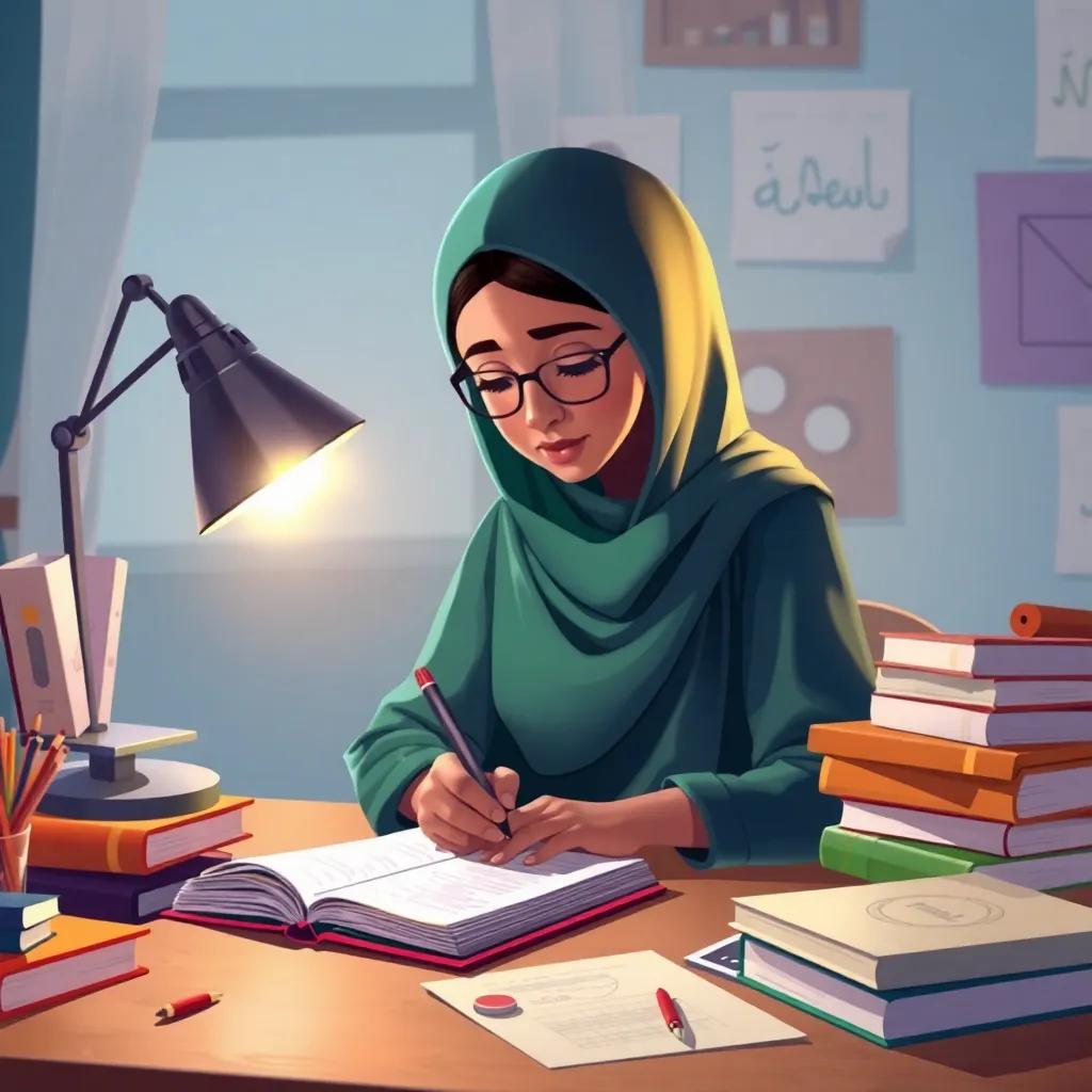 Zainab studying diligently, writing in her notebook, surrounded by study materials and a glowing desk lamp, illustration, soft light, focused colors, high quality