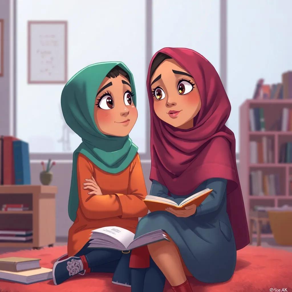 Leila with a curious look, looking at Zainab studying, thinking about how they can be friends despite their differences, illustration, engaging colors, thoughtful atmosphere, high quality