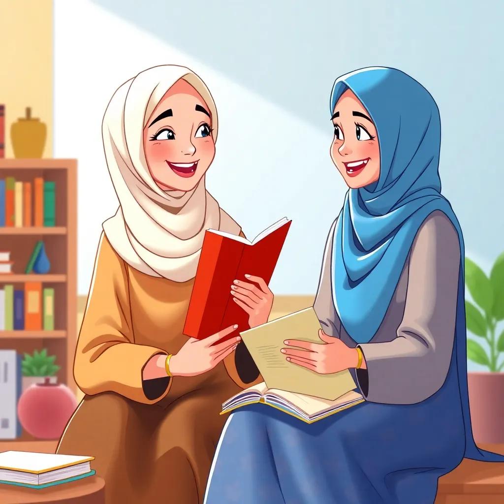 Zainab smiling, sharing her study materials with Leila, both of them enjoying their time together, illustration, joyful colors, cheerful atmosphere, high quality