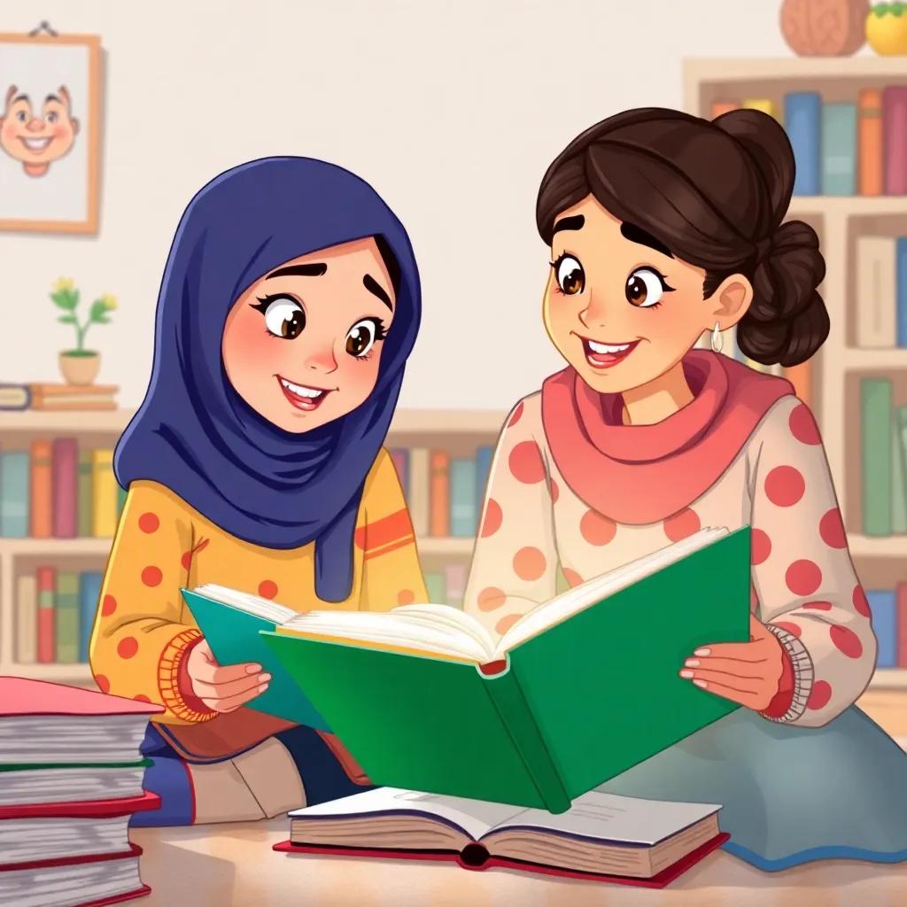 Leila exploring books with Zainab's help, while Zainab explains a subject clearly, both excited, illustration, lively colors, collaborative atmosphere, high quality