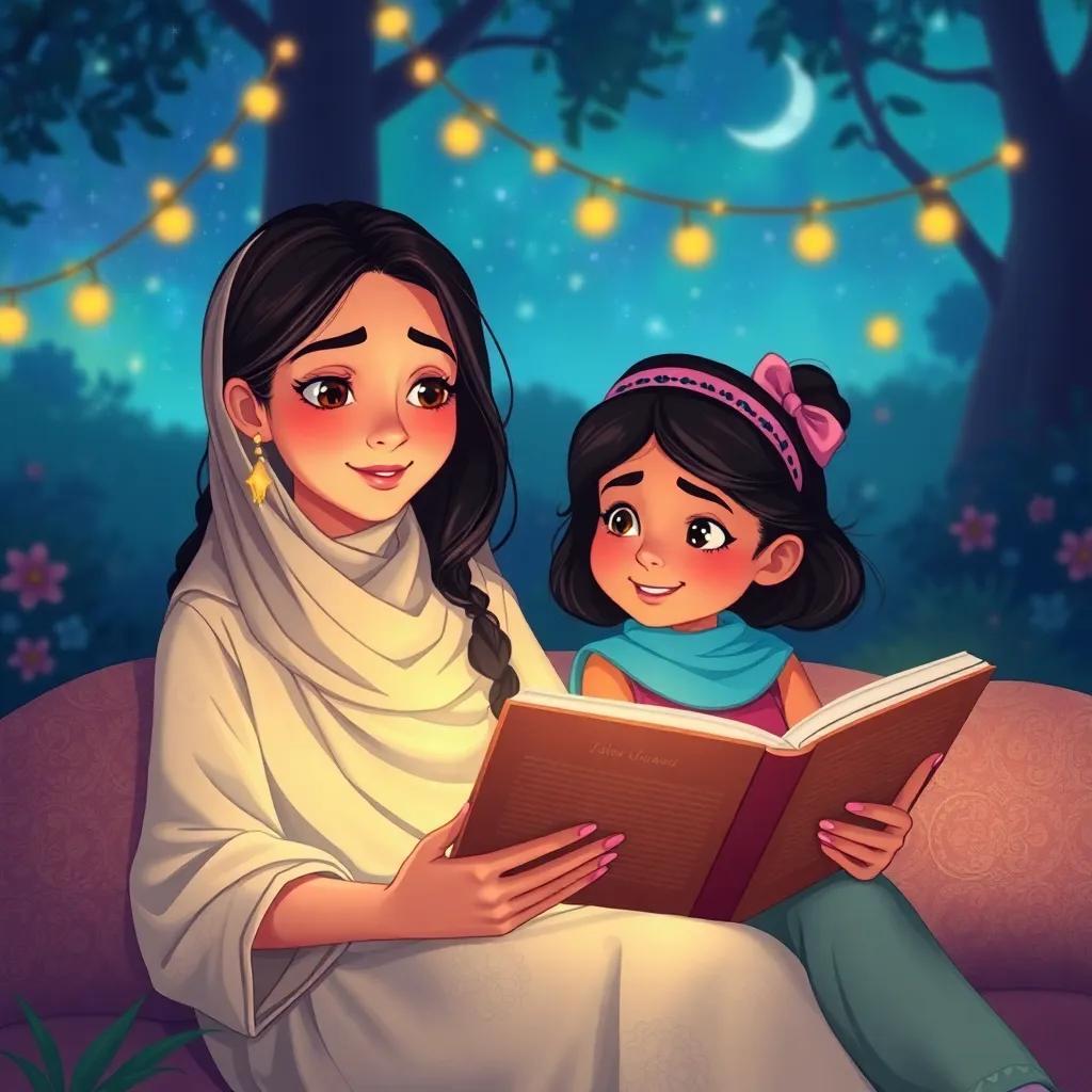 Leila taking a break and enjoying a story, while Zainab looks over her shoulder, captivating the story, illustration, magical colors, inviting atmosphere, high quality