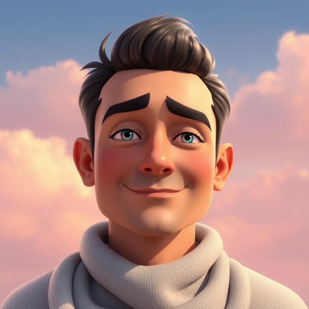 معلمة الصف، سيدة بنية الشعر، ترتدي ملابس بسيطة، تتحدث مع سامي بألفة، ومعها الابتسامة، بينما يحاول سامي التعبير عن مشاعره، فن رقمي، ودي، مشهد محبب