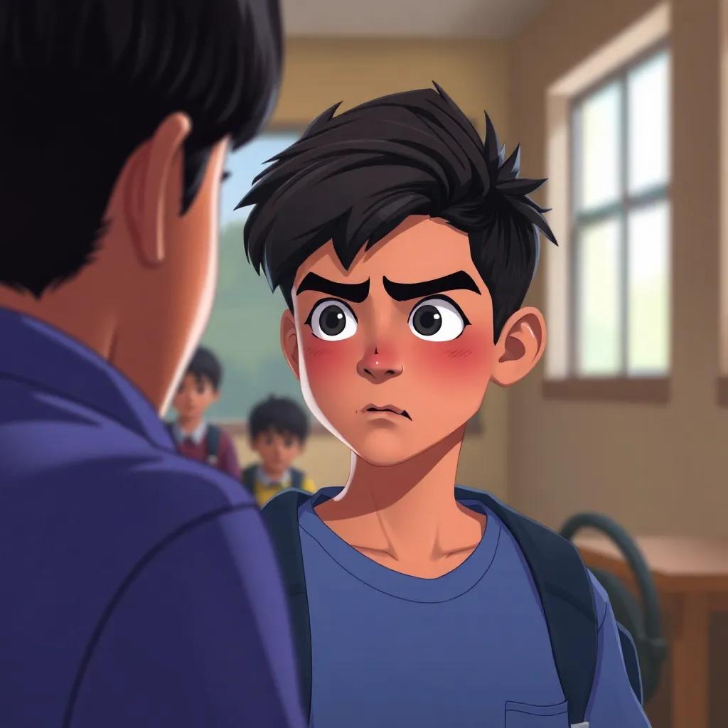 A teenage boy, Nawal, looking angrily at his friend, with a school background, feeling tension in the air, digital art, expressive colors, emotional scene, high quality