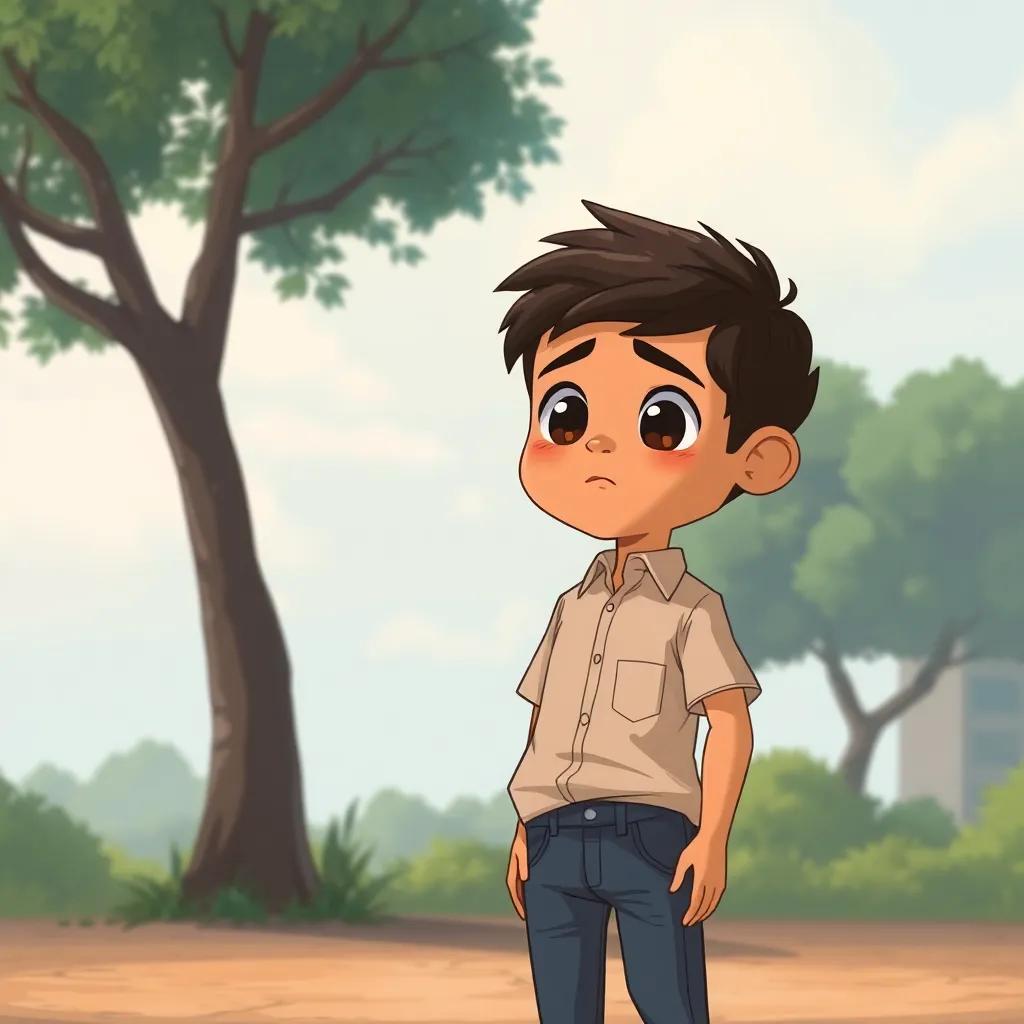 A Yemeni boy, Issam, with sad eyes, standing alone by a school tree, wearing a simple shirt and jeans, feeling hurt and lonely, illustration, soft colors, emotional atmosphere, high quality