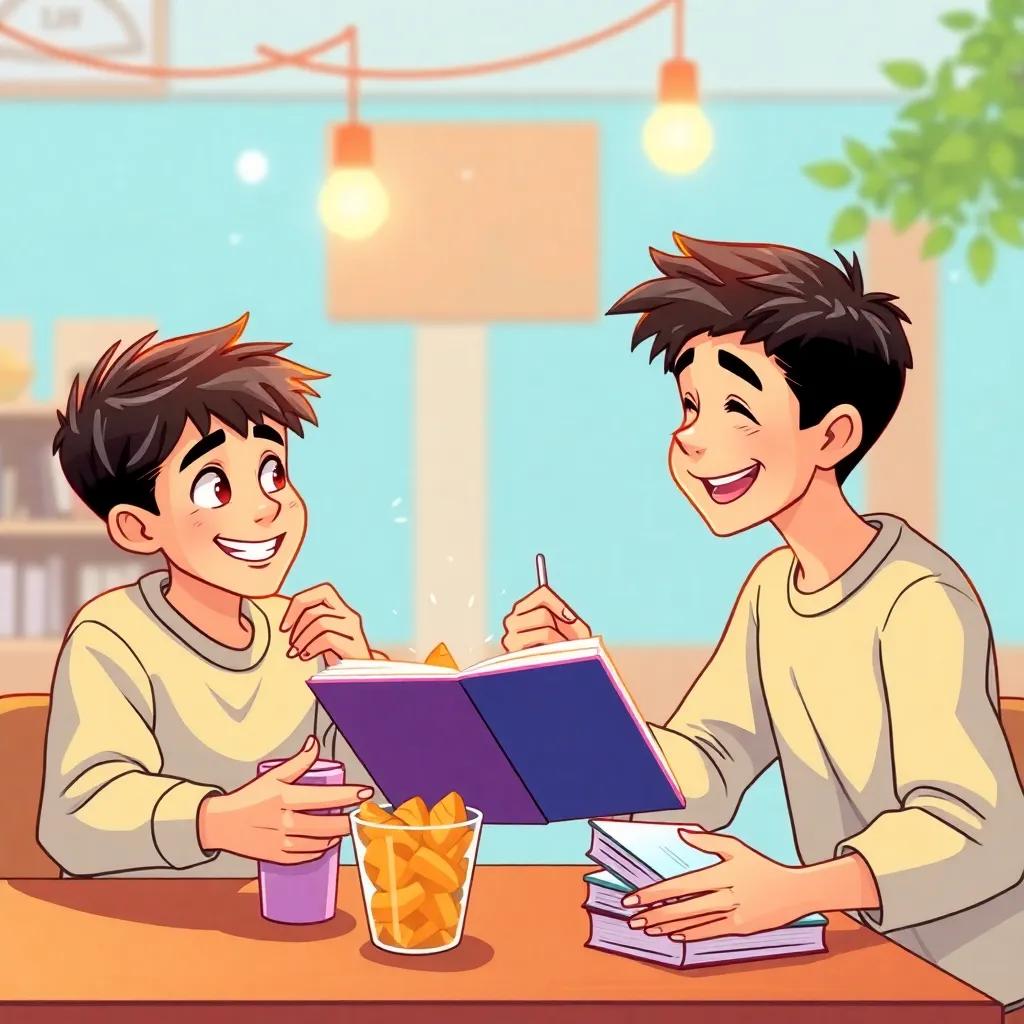 Two teenage boys, Nawal and Issam, together in happier times, sharing snacks and books, at a school lunch table, glowing memories, illustration, bright colors, joyful scene, high quality