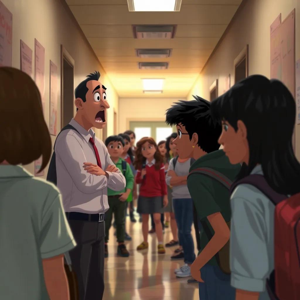 A school scene, where Nawal shouts at Issam in the hallway, with other students watching, tense atmosphere, digital painting, dramatic colors, high quality