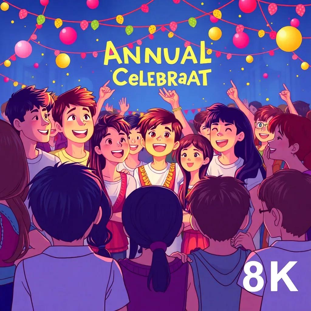 A poster of an annual celebration, with students gathering, feeling excitement, reflecting a school spirit, illustration, colorful decorations, joyful scene, high quality