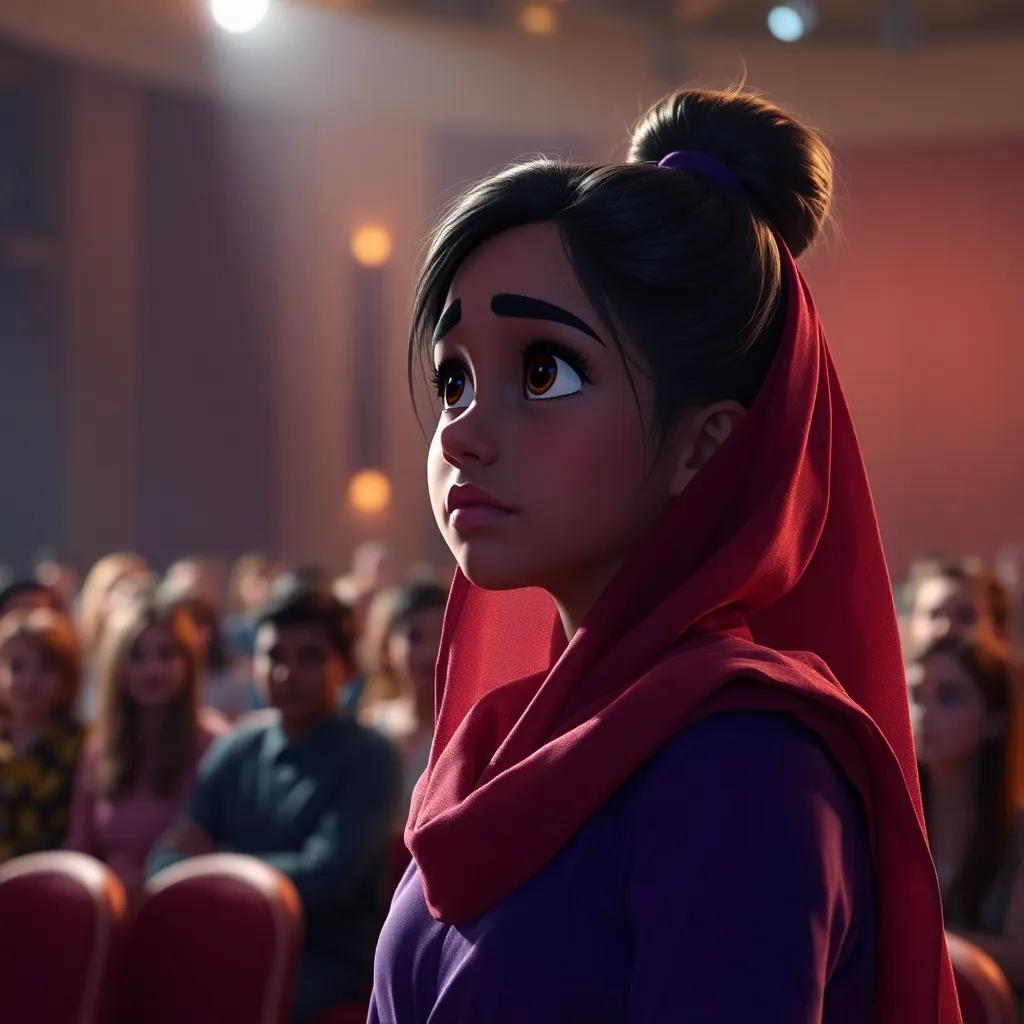 A tense moment, where Nawal is nervously waiting to receive an award, looking at the crowd, feeling anxious, digital art, bright stage lights, high quality