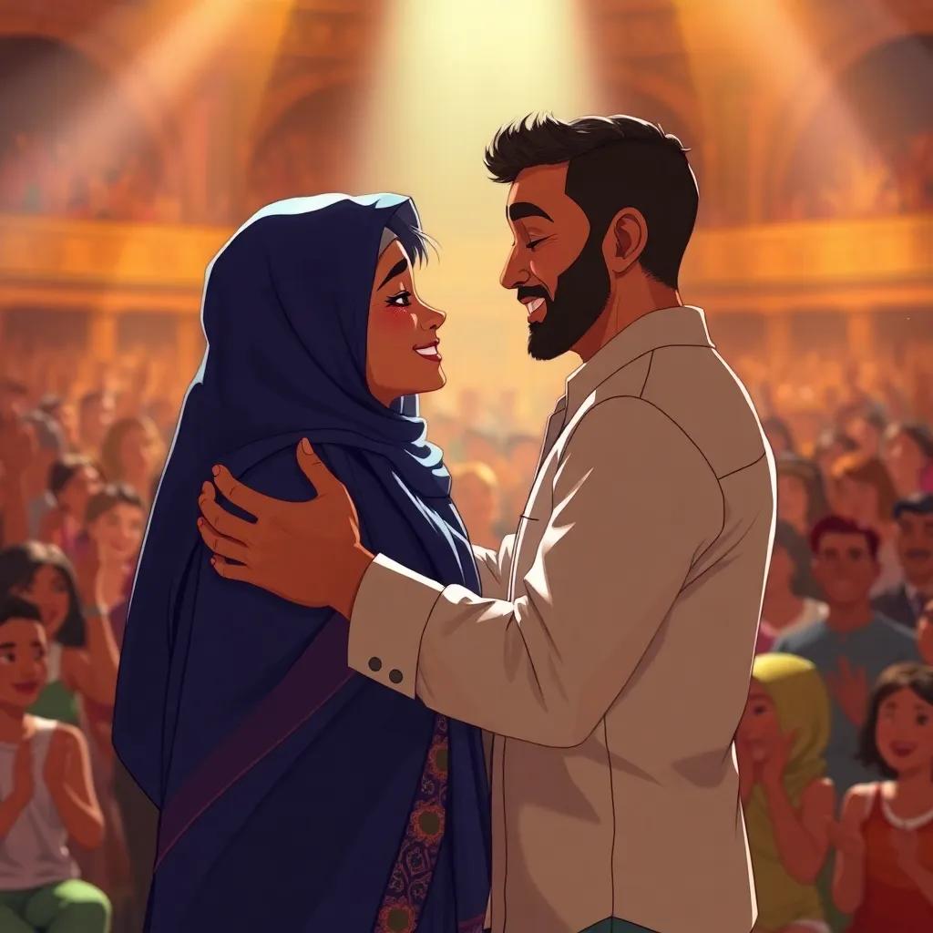 The moment Nawal and Issam meet on the stage, tears flowing down their faces, embracing each other tightly, surrounded by applauding crowd, emotional atmosphere, digital painting, warm colors, high quality
