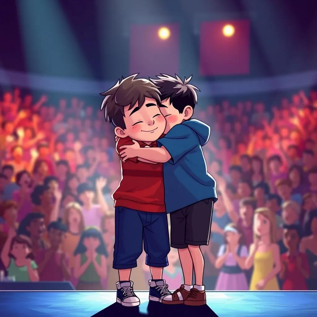 Both boys, hugging each other tightly on the stage, an emotional moment, with backgrounds showing the crowd clapping, colorful, heartfelt, digital art, high quality