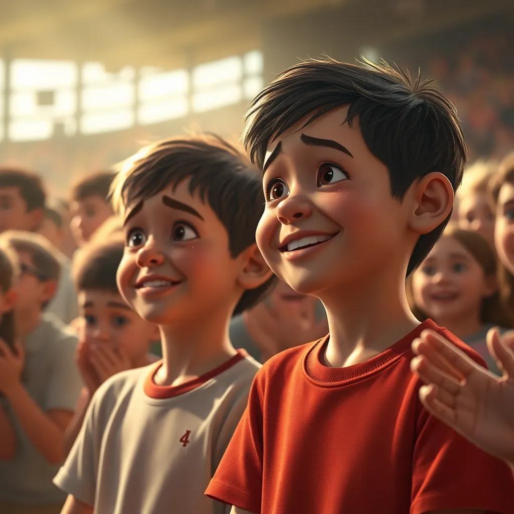 An emotional moment captured in warm light, reflecting tears of joy on the boys' faces, with everyone applauding around, digital art, touching atmosphere, high quality