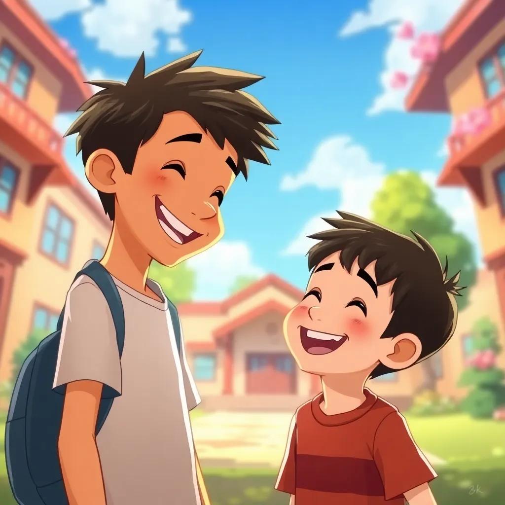 A scene of celebration and reconciliation, both boys smiling together now, sharing joy and laughter, with a beautiful backdrop of their school, illustration, vibrant colors, high quality