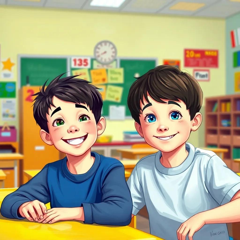 A middle school classroom with two boys, a happy boy with short dark hair and a big smile, and a calm boy with short dark hair playing around, colorful classroom, cheerful atmosphere, digital art, vibrant colors, friendly vibe, child-friendly