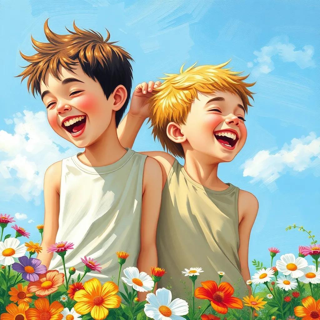A summer scene with two boys laughing together, one boy playfully pulling the hair of the other, surrounded by flowers and a blue sky, joyful moment, illustration, bright colors, high quality, cheerful energy
