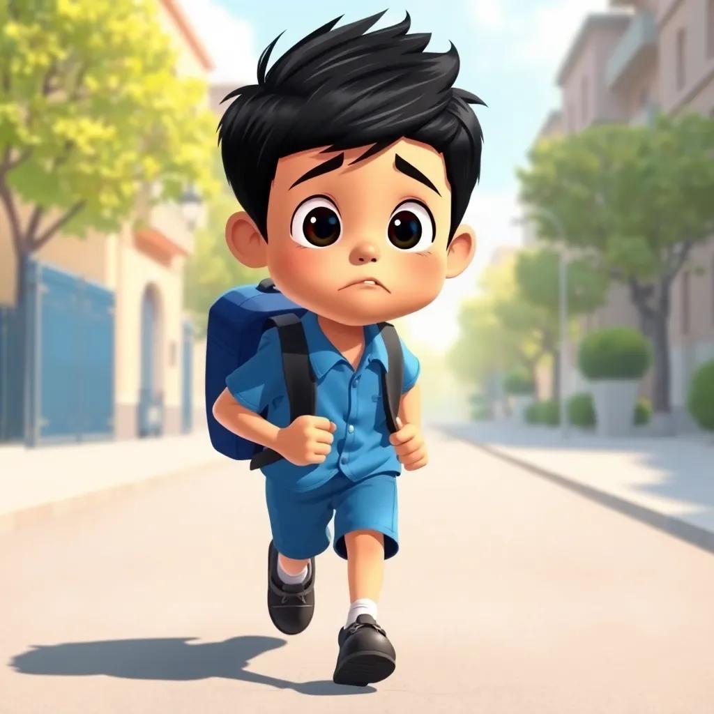 A young Arab boy, Salem, with short black hair, wearing a blue school uniform and a backpack, running towards school with a worried expression, bright sunny morning, digital art, cheerful colors, uplifting atmosphere, high quality