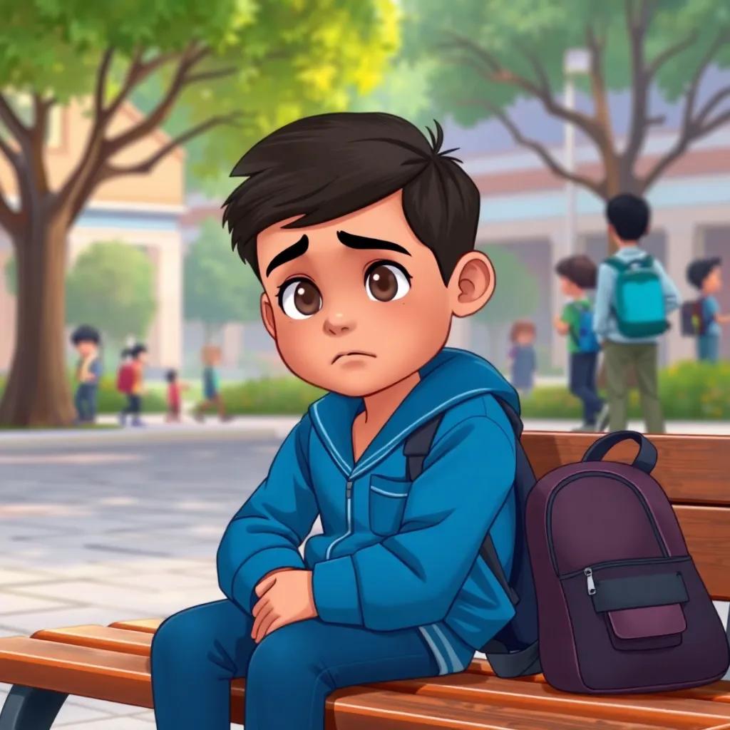 A young Arab boy, Salem, sitting on a school bench looking sad, with his blue school uniform and backpack nearby, a schoolyard background with trees and other students playing, warm light, friendly, digital illustration, inviting mood, highly detailed