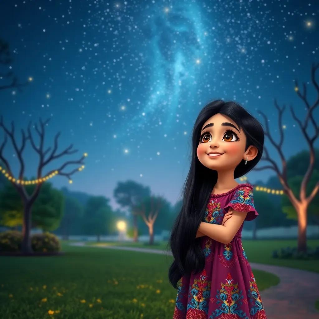 A beautiful park at night with twinkling stars, a young Arabic girl, Hala, with long dark hair wearing a colorful dress, smiling and gazing at the stars, digital art, dreamy, soft light, starry night sky, whimsical atmosphere, high quality