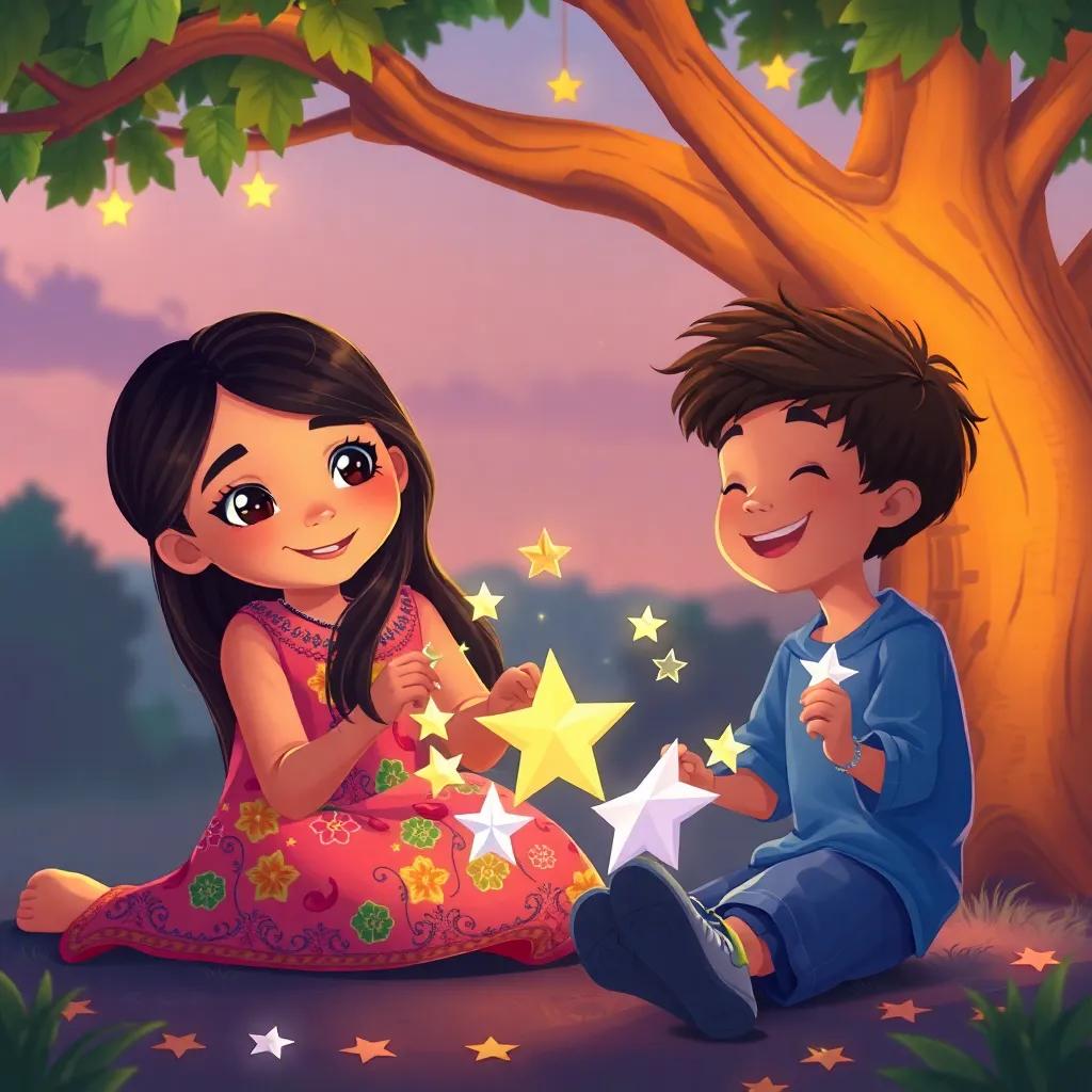 Hala, a young Arabic girl, with long dark hair in a colorful dress, making paper stars with a joyful boy under a tree, surrounded by a magical evening setting, illustration, cheerful, warm light, creative atmosphere, child-friendly
