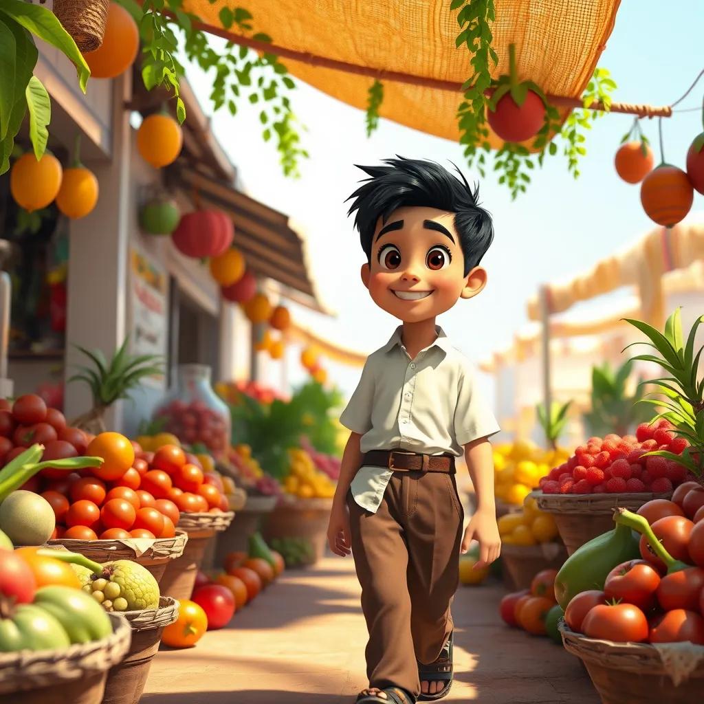 A cheerful boy named Yaqin Walid, with short black hair, wearing a simple white shirt and brown trousers, walking through a sunny village market, vibrant fruits around, digital art, bright colors, joyful atmosphere, high quality