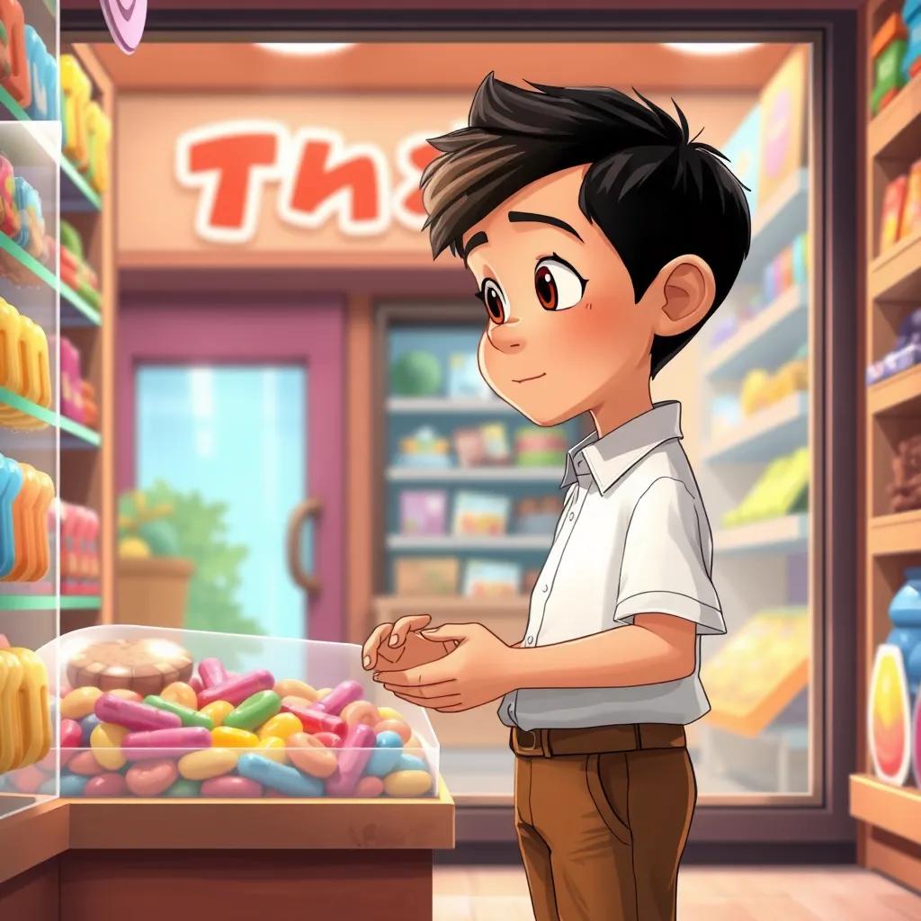 Yaqin Walid, a boy with short black hair, wearing a simple white shirt and brown trousers, looking at a colorful candy box in a small shop, inside the shop with bright shelves, illustration, lively colors, child-friendly, high quality
