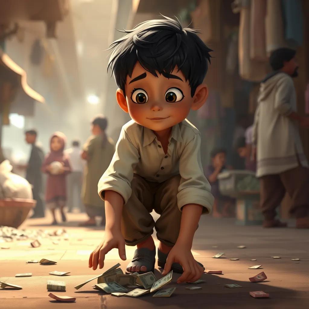 Yaqin Walid, a boy with short black hair, wearing a simple white shirt and brown trousers, finding money on the ground in a bustling market, other villagers in the background, digital painting, realistic, warm light, uplifting scene
