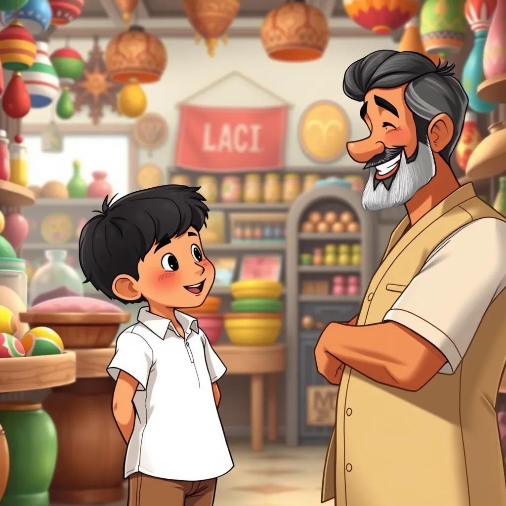 Yaqin Walid, a boy with short black hair, wearing a simple white shirt and brown trousers, speaking to a friendly merchant in a shop, the merchant smiling happily, colorful items surrounding them, cheerful atmosphere, clarity and detail, high quality