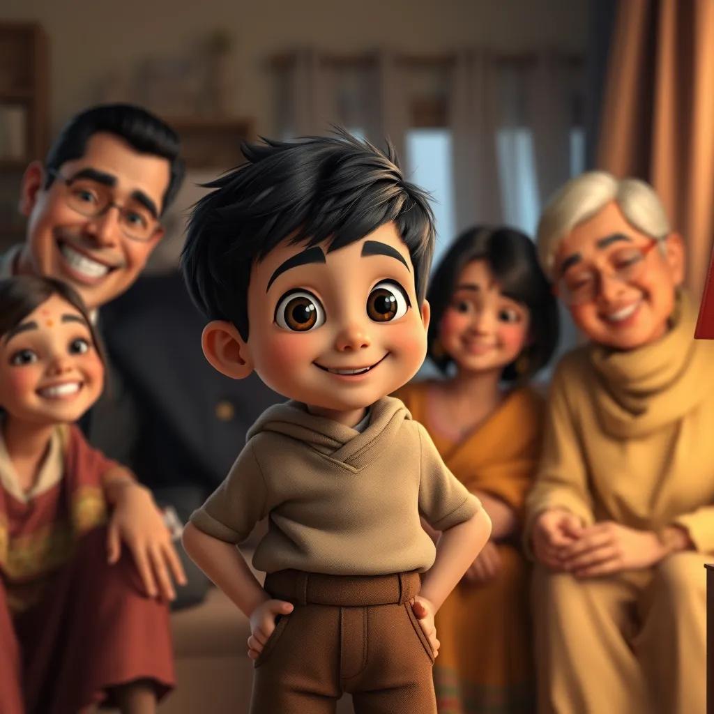 A proud Yaqin Walid, a boy with short black hair and brown trousers, at home with his family, sharing his story about honesty, happy faces around, warm lighting, family love, rich colors, heartwarming imagery