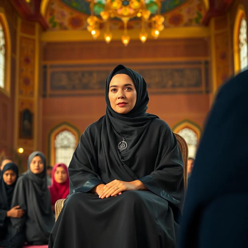 A beautiful woman, Sheikh Etemad, wearing a shiny black abaya, sitting on a chair in a women's mosque, surrounded by eager disciples, warm atmosphere, vibrant colors, digital art, inviting light, detailed
