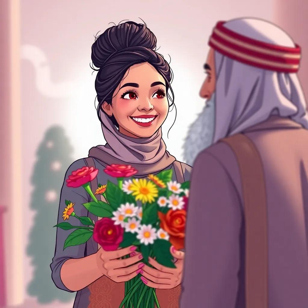 A smiling woman named Marziyah, holding a bouquet of flowers, approaching Sheikh Etemad, looking confident, bright colors, cheerful expressions, illustration, friendly atmosphere, inviting light