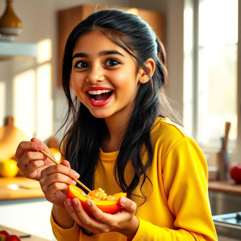 A young Arab girl, excited, with dark hair pulled back, wearing a bright yellow shirt, preparing a fruit snack in her kitchen, bright sunlight pouring in through the window, cozy atmosphere, cheerful vibe, digital art, detailed, high quality