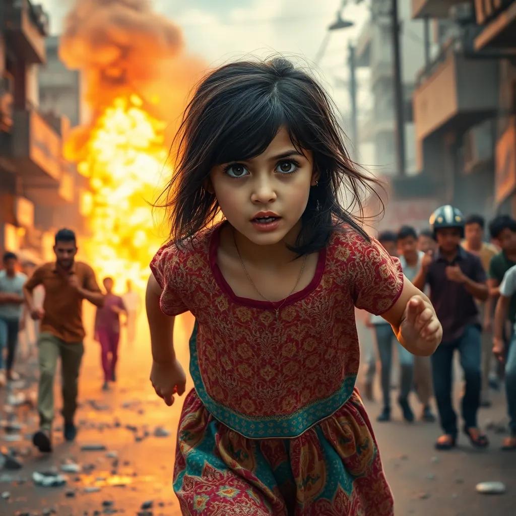 A young Arab girl, frightened, with dark hair down, wearing a colorful dress, running on a street filled with smoke and concerned faces, the chaos of the explosion in the background, dramatic scene, vivid colors, storytelling quality, digital painting, high detail