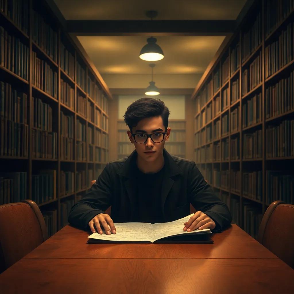 A calm library with dim lighting, Rio, a quiet university student with sharp features and glasses, sitting at a wooden table looking at a map, detailed digital art, warm light, inviting but mysterious atmosphere, high quality