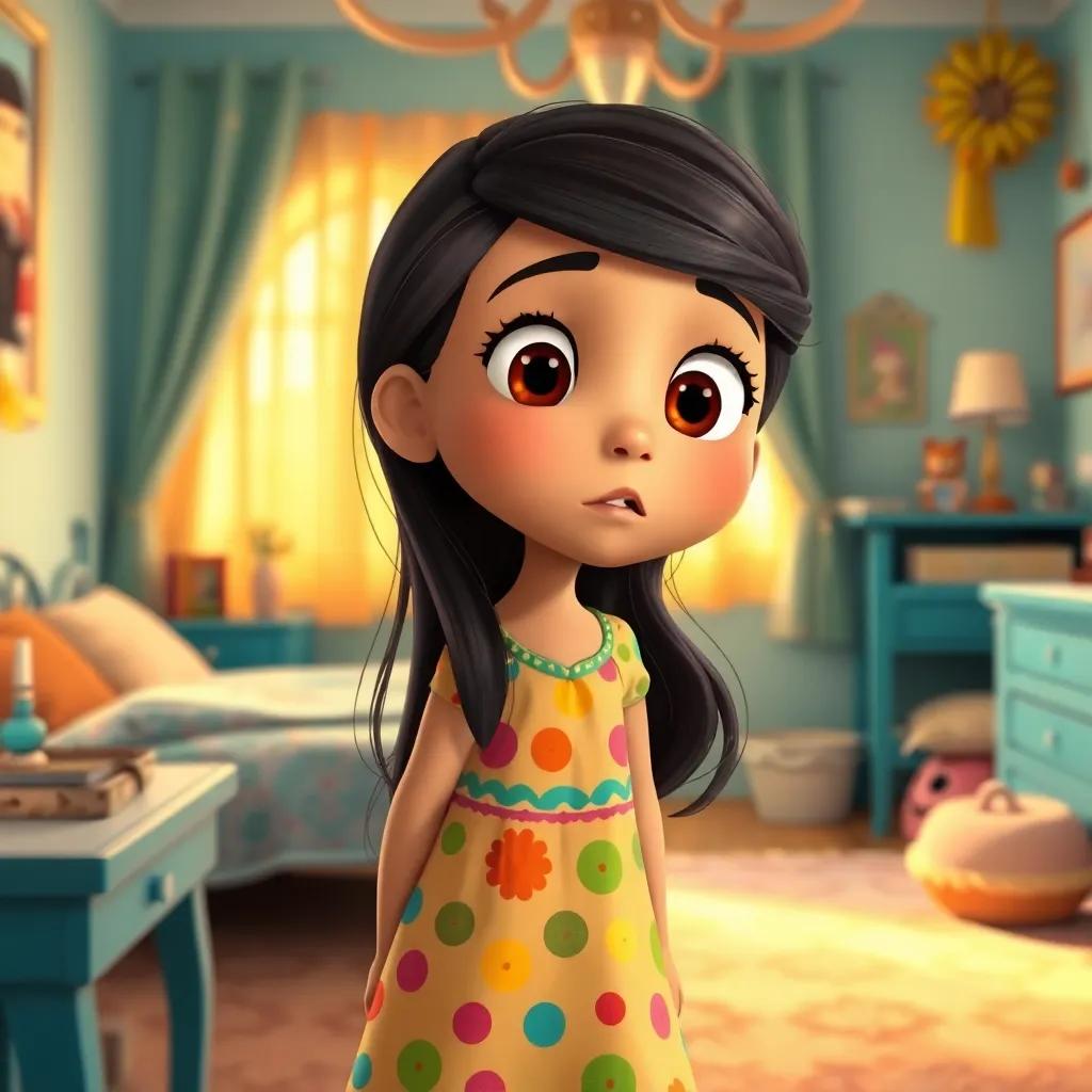 A young Arab girl, Mariam, with long dark hair wearing a colorful dress, looking surprised and curious while waking up in her beautiful bedroom filled with warm light and cozy decorations, digital art, bright and cheerful, child-friendly