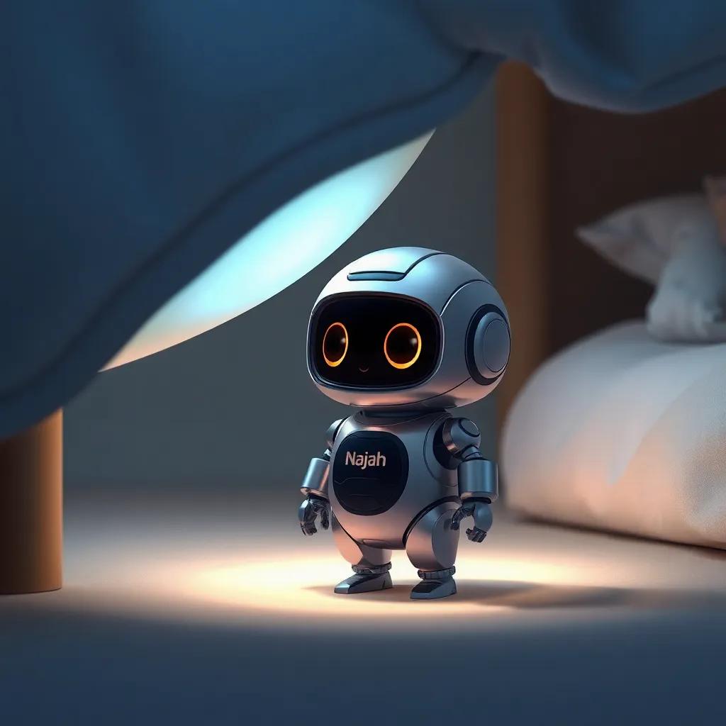 A small robot called Najah, with a shiny metallic body and friendly eyes, standing under Mariam's bed, with a soft glow around it, digital art, whimsical, inviting atmosphere