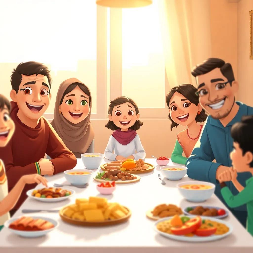 A young Arab girl, Mariam, smiling brightly while sitting with her family at the breakfast table, sunshine streaming through the window, lots of delicious food on the table, digital art, warm colors, family-friendly