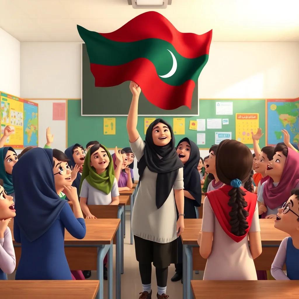 A classroom filled with excited young girls, all looking up at a waving flag, Mariam standing with Najah by her side, colorful charts on the walls, digital art, lively, educational
