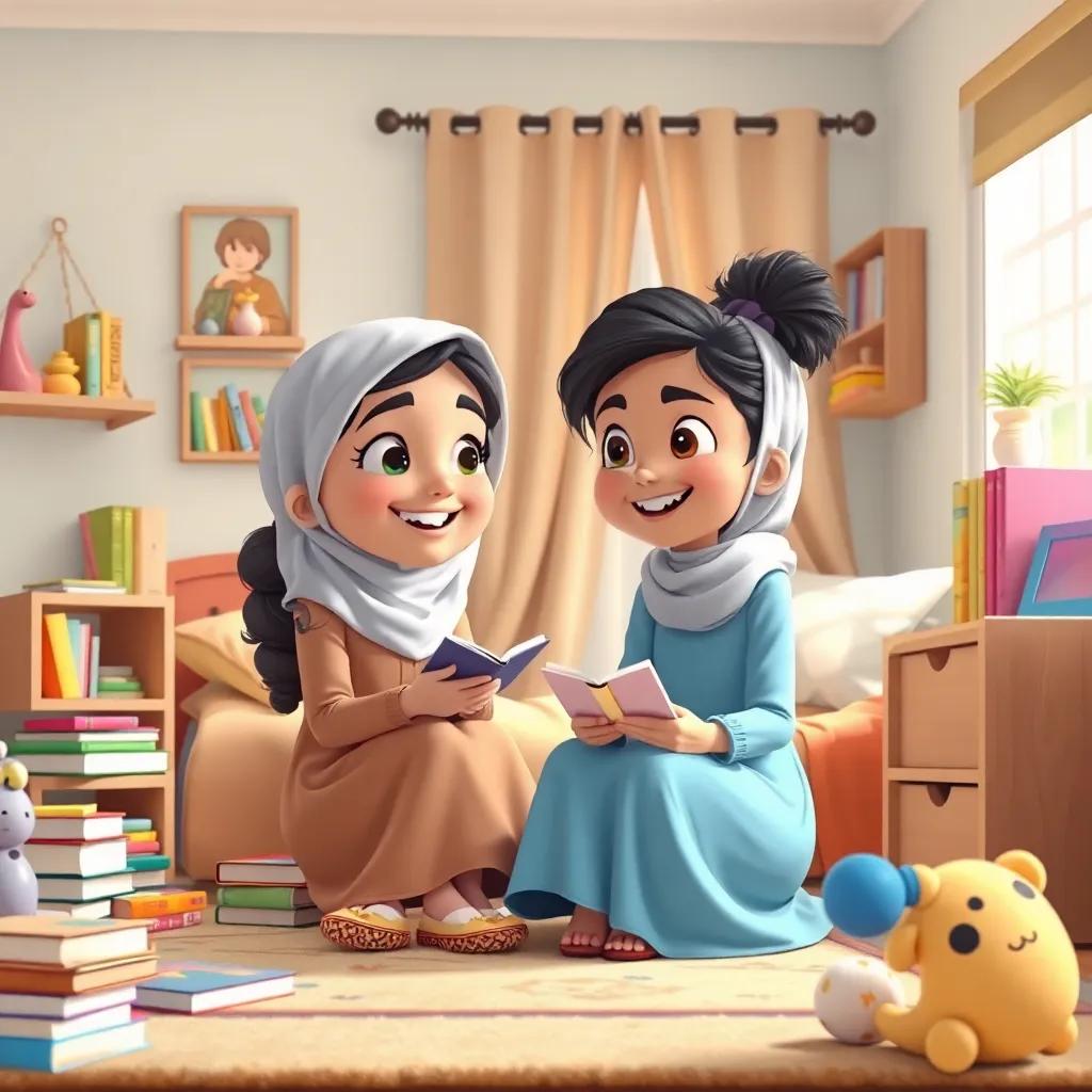 A young Arab girl, Mariam, happily chatting with Najah after school in her bright bedroom, books and toys scattered around, cheerful and cozy atmosphere, digital art, inviting