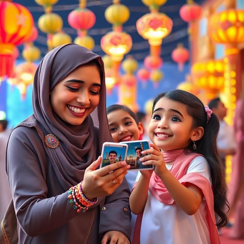 A joyful family at the Sheikh Zayed festival, Mariam showing pictures to her younger sister, colorful traditional decorations in the background, digital art, festive and engaging