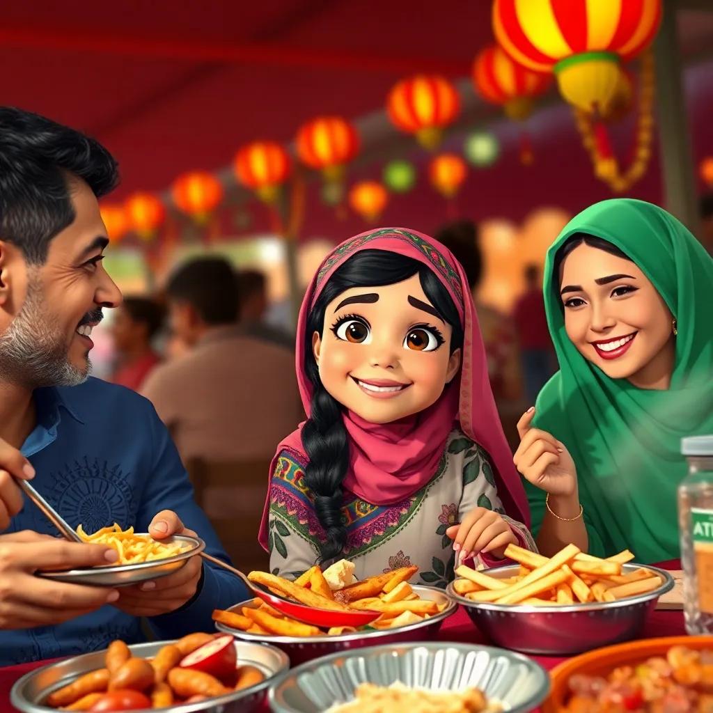 A young Arab girl, Mariam, and her family enjoying traditional food at the festival, with smiles and laughter, the vibrant atmosphere of the event, digital art, rich colors, lively