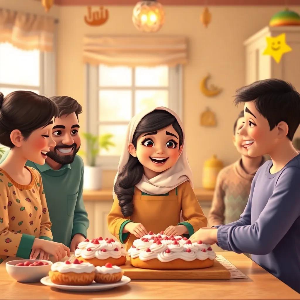 A young Arab girl, Mariam, baking cakes with her family, laughter all around in a bright kitchen with Ramadan decorations, digital art, warm tones, cheerful