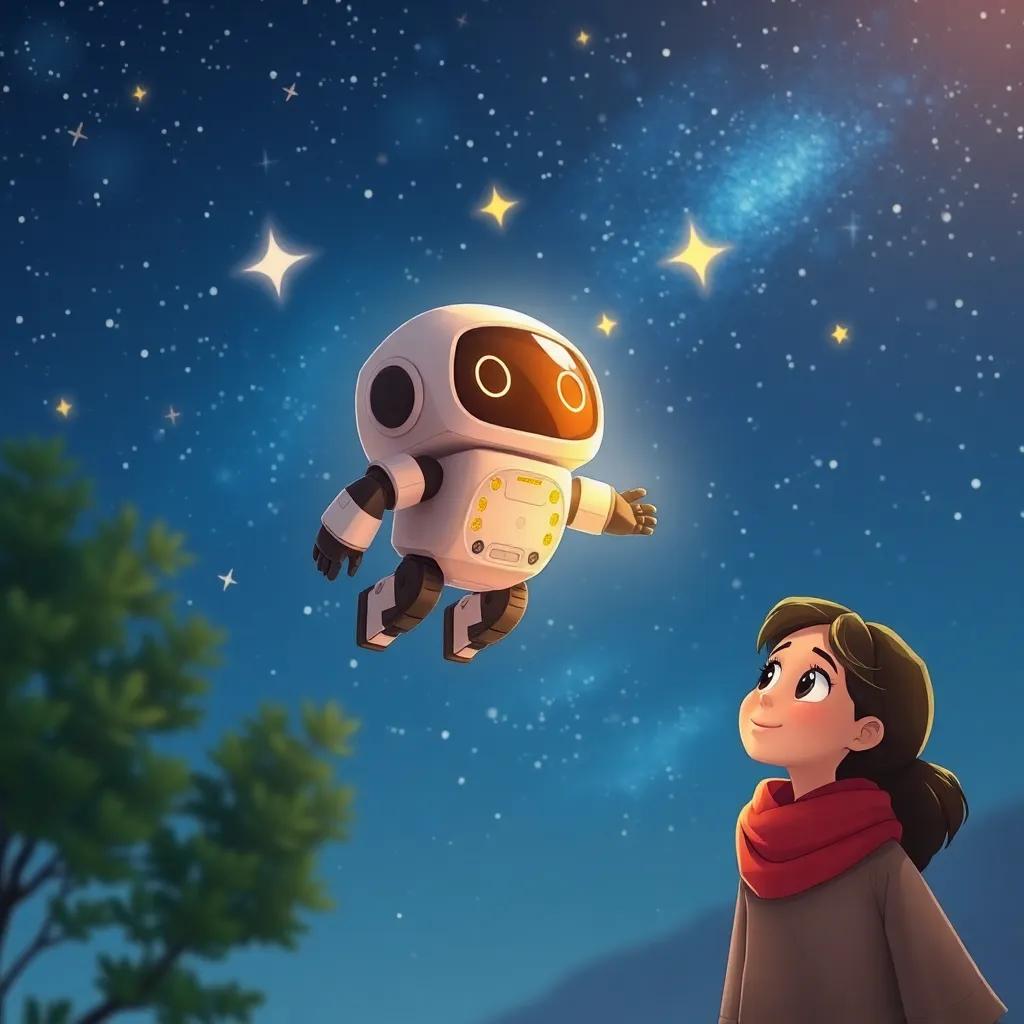 A starry night sky with a small robot, Najah, flying away with bright stars around, Mariam watching with hope in her eyes, digital art, magical, heartwarming