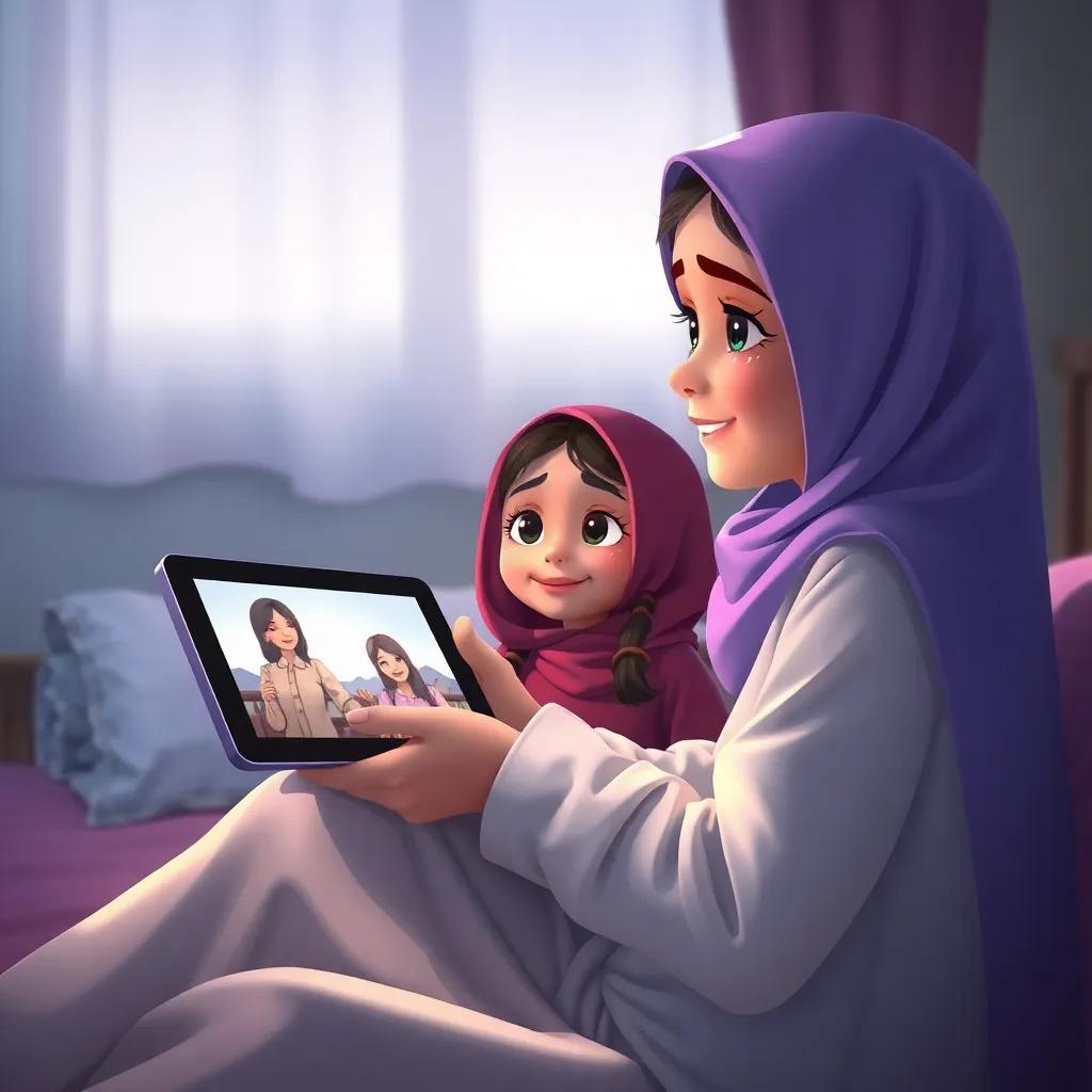 A young Arab girl, Mariam, sitting on her bed, holding a digital tablet showing memories with Najah, tears of joy in her eyes, digital art, emotional, reflective